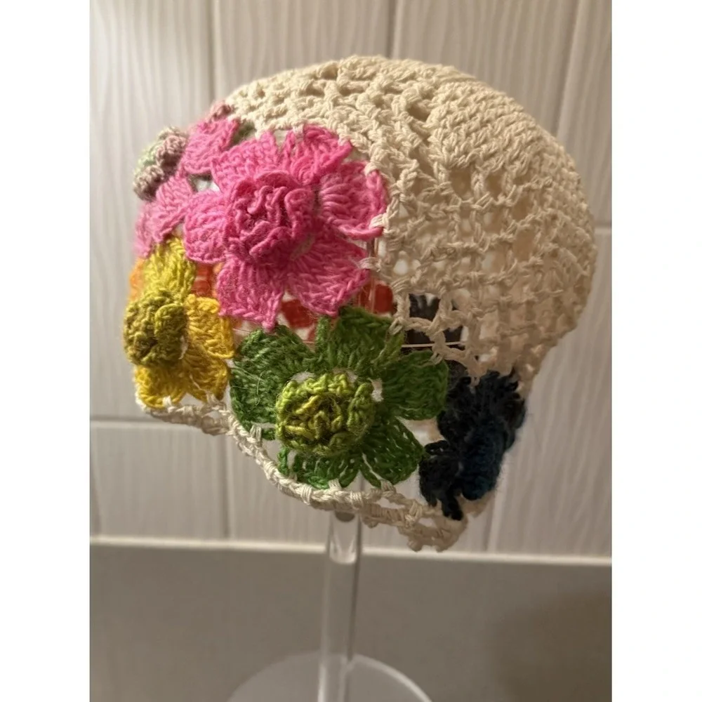 Multicolor 3D Crochet Flower Bucket Hat Beanie Boho Cloche Cottagecore Handmade